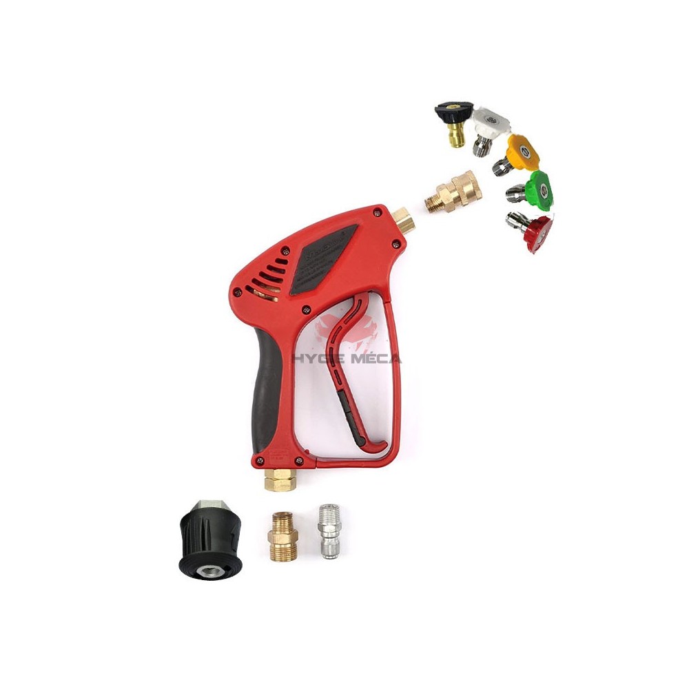 Avec ce kit pistolet court pour nettoyeur haute pression avec gicleurs et raccord vous gagnerez en maniabilité et polyvalence.